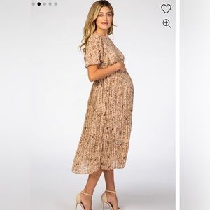 Pink Blush Beige Floral Pleated Short Sleeve Chiffon Maternity Midi Dress